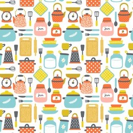 vector seamless pattern with kitchenware: pans, jars with jam and milk, grater, dishes, cup, teapot, kettle, whisk, rolling pin, spoon, fork, knife, cutting board, spatula. bright hand drawing texture