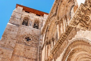 view on main entrance in at the church of the holy sepulchre in old city of jerusalem