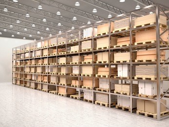 3d illustration of rows of shelves with boxes in modern warehouse