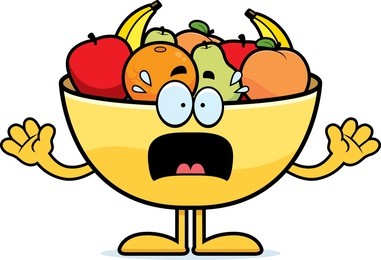 a cartoon illustration of a bowl of fruit looking scared.