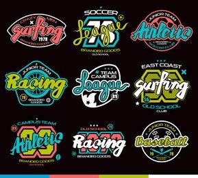 set of sport badges: surfing, racing, baseball, soccer, rugby. graphic design for t-shirt. color print on black background