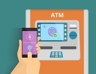 illustration of mobile access to atm via smartphone using fingerprint identification.