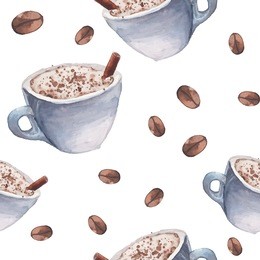 watercolor coffee seamless pattern. hand drawn repeating texture with cup of cappuccino, stick cinnamon and coffee beans on white background. cute drink vector wallpaper