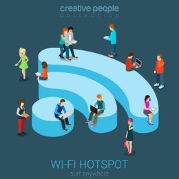public free wi-fi hotspot zone wireless connection flat 3d isometric web banner template. creative people surfing internet on wifi shaped podium. technology globalization and reachability.
