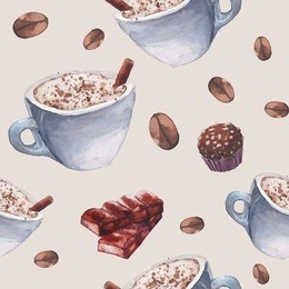 watercolor coffee and sweets seamless pattern. hand drawn repeating texture with chocolate, nuts candy, cup of cappuccino, stick cinnamon and coffee beans on pastel background. food vector wallpaper