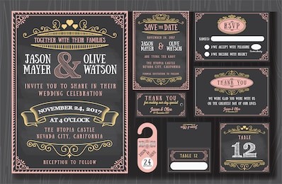 vintage wedding invitation chalkboard design sets include invitation card, save the date, rsvp card, thank you card, table number, gift tags, place cards, respond card, save the date door hanger