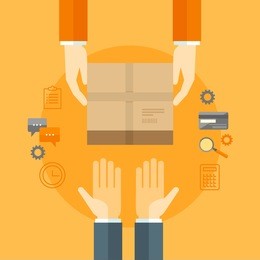 flat design colorful vector illustration concept for delivery service, e-commerce, online shopping, receiving package from courier to customer isolated on bright background 