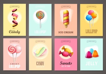 set of brochures with sweets. vector templates. backgrounds with ice cream, candies, lollipop.