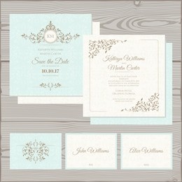 wedding invitation, save the date card, place card. wedding set on a wooden background. vector romantic card template.