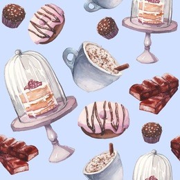 watercolor coffee and sweets seamless pattern. hand drawn vintage texture with chocolate, nuts candy, cup of cappuccino, rustic cake, pink donut on pastel blue background. food vector wallpaper
