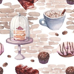 watercolor sweets pattern. seamless texture with hand drawn food objects: cappuccino cup, chocolate, rustic cake, pink donut, nuts candy, coffee beans on brick wall background. vector cafe wallpaper