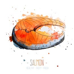 watercolor salmon steak with splashes in free style. hand drawn isolated on white background. fresh and juicy colors. vector illustration.