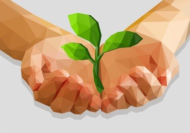 cupped hands keep green plant isolated ecology polygonal low-poly