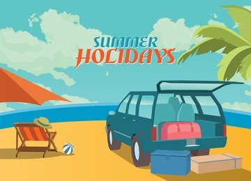 summer holidays vector illustration,flat design, beach and suv concept