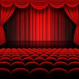 a vector illustrations of a theater stage with red full stage curtains