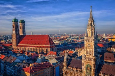 aerial view of new town hall in munich, bavaria, germany with frauenkirche church (cathedral of our dear lady) - a landmark and symbol of the city. hdr technique