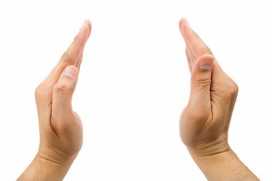two hands gesturing protection empty space with white background