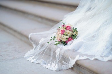 beautiful wedding colorful bouquet for bride. beauty of colored flowers. close-up bunch of florets. bridal accessories. female decoration for girl. details for marriage and for married couple