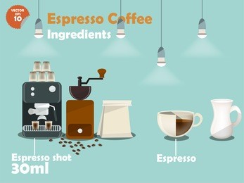 graphics design of espresso coffee recipes,info graphics of espresso coffee ingredients, illustration collection of coffee machine,coffee grinder, milk, espresso shot for making a great cup of coffee.