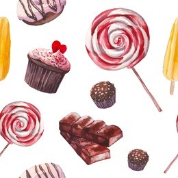 watercolor sweets pattern. seamless background with hand drawn food objects: cupcakes, chocolate, lollipop, fresh donut, nuts candy, fruit ice cream. vector cute wallpaper
