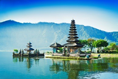 vintage retro effect like filtered hipster photo of ulun danu temple, beratan lake in bali, indonesia