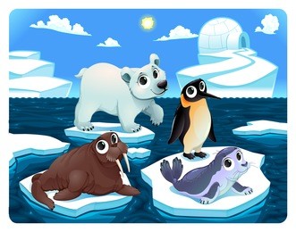 polar animals on the ice. vector and cartoon illustration