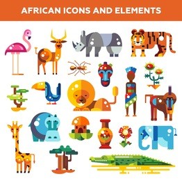set of vector flat design african icons and infographics elements with animals