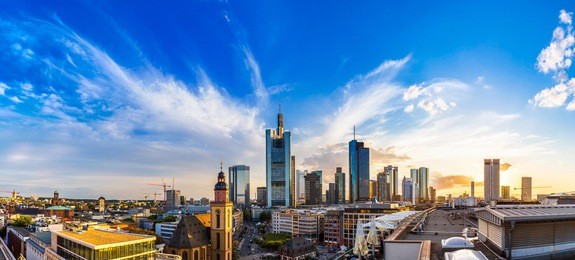 aerial view of frankfurt with hauptwachen at sunset