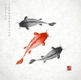 red and black koi carps hand drawn with ink in traditional japanese painting style sumi-e on vintage rice paper.  contains hieroglyph "well-being" (red stamp). 