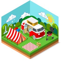happy summertime holiday camp travel diorama. 3d isometric hipster flat camper caravan vehicle van set. bbq grill picnic steak vacation equipment tent picnic vector graphic map miniature