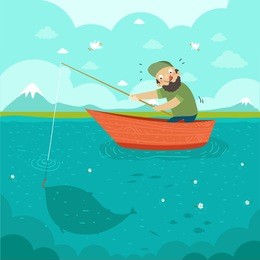 funny fisherman catching a big fish. fishing on the boat. fishing design elements. vector colorful illustration in flat style