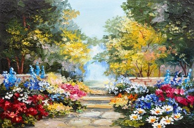 oil painting landscape - colorful summer forest, beautiful flowers