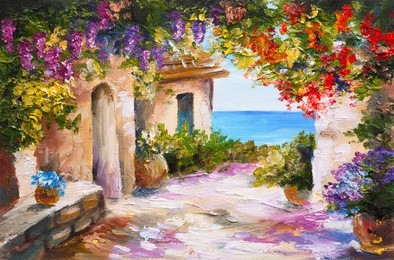 oil painting - house near the sea, colorful flowers, summer seascape