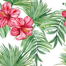 tropical leaves and hibiscus flowers, dense jungle. seamless, hand-painted, watercolor pattern. vector background