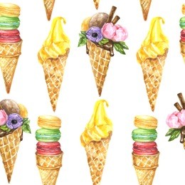 vector seamless watercolor pattern with red, green, yellow macaroons in waffle cones, ice cream and anemone and peonies flowers