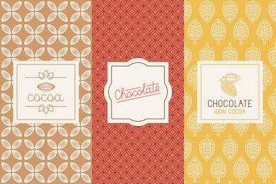 vector set of design elements and seamless pattern for chocolate and cocoa packaging - labels and background in trendy  linear style