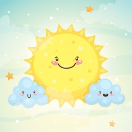 emotional weather forecast: cute sun and happy clouds, vector.