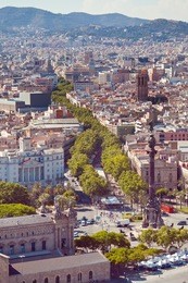 ramblas pedestrian street in the center of barcelona. landmark of barcelona. airview on the rambla.
