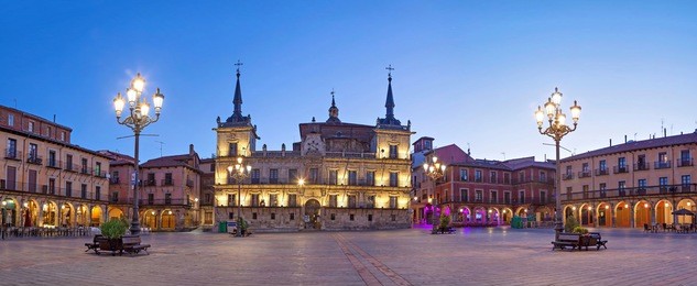evening panorama of plaza mayor in leon, castile and leon, spain