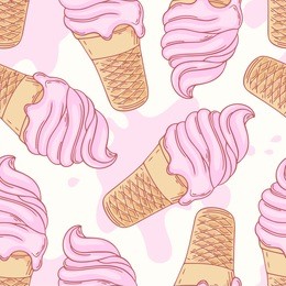 hand drawn strawberry ice cream sundae in waffle cone seamless pattern. vector illustration. sweet background for cafe
