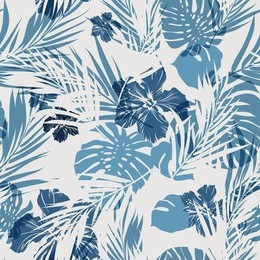 summer camouflage hawaiian seamless pattern with tropical plants and hibiscus flowers, vector illustration