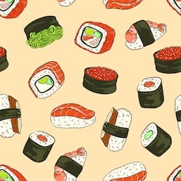 seamless background with a pattern of philadelphia roll with caviar, crab, avocado, cucumber and salmon, sushi with hiyashi wakame, sushi with eel, with red caviar, with a shrimp, roll california.