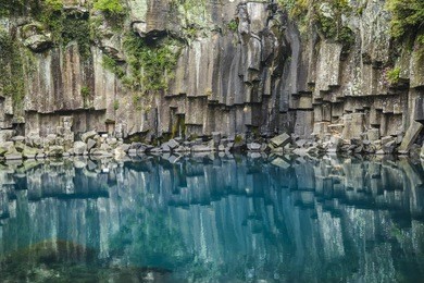 cheonjeyeon no. 1 cascade. cheonjeyoen falls (means the pond of god) consists of 3 falls. a variety of plant life, inclued psilotum nudun, thrives around the falls. 
