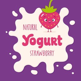 milk blot illustration. yogurt logo and cartoon strawberry