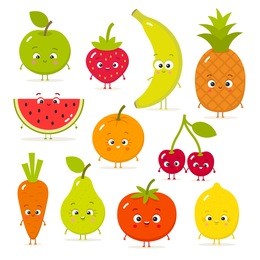 cartoon fruits and vegetables with eyes in flat style. strawberry, banana, apple, pineapple, carrot, tomato, cherry, lemon