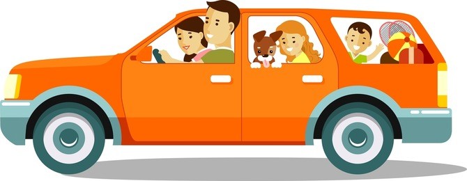happy family traveling together by red car. illustration in flat style