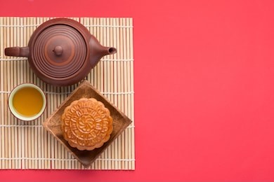 mooncake and tea,chinese mid autumn festival food. angle view from above
