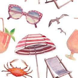 watercolor beach vacation pattern. hand drawn summer objects seamless texture: crab, coctail, beach umbrella, sunglasses,  beach chair. vector wallpaper with white background