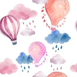 watercolor seamless pattern with air balloon and clouds. hand drawn vintage collage illustration with hot air balloon, flag garlands, abstract pastel clouds and rain drops. vector kids texture