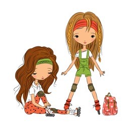 cute girls roller-skating. flat design. vector illustration. isolated on white background